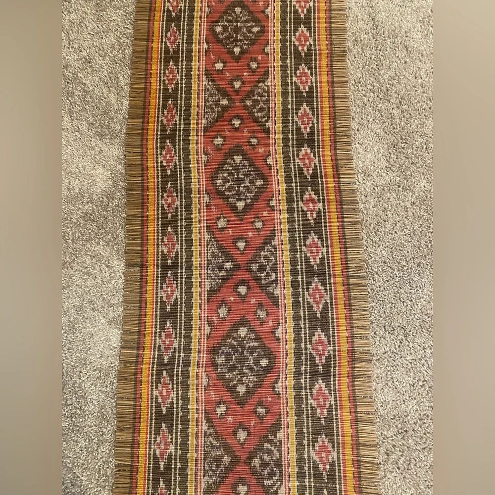 Ethnic Straw Table Runner with Red Mustard Black White Design